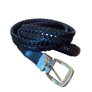 Men's Black Braided Leather Trim Belt Size 36 Classic Basic Silver Buckle